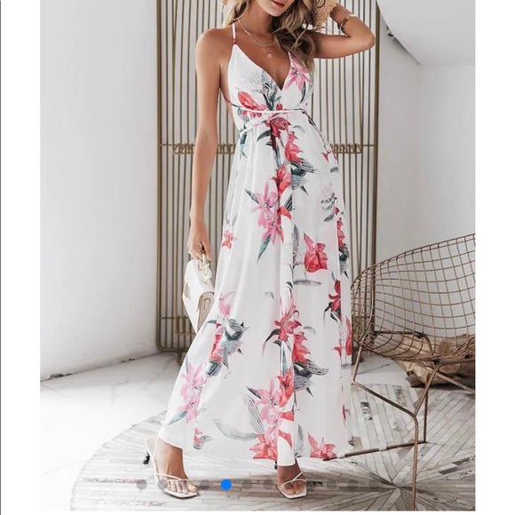 Simplee Floral Print Backless Wrap Slit Slip Dress - Picture 5 of 13